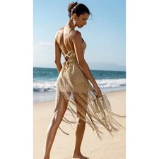 Luli Fama Dorada gold sheer fringe halter swim coverup