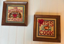 Small Vintage Hand Stitched Embroidery Pictures Kitchen & Kiss The Cook Framed
