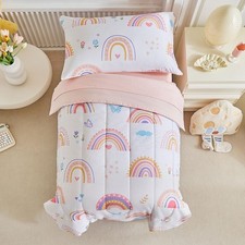 4 PCS Toddler Bedding Set Pink Rainbow Microfiber Comforter Kids Girls