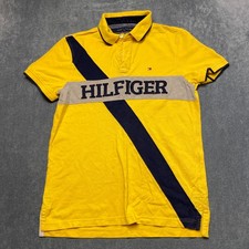 Y2K Tommy Hilfiger Polo Shirt Mens Medium Yellow Black Spellout Logo Custom Fit