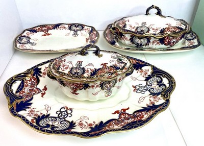 RARE Antique Royal Crown Derby Serving Tureen Set Dishes Kings Pattern Imari