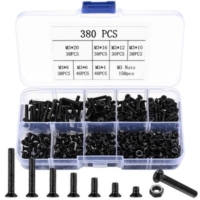 M3 Flat Head Machine Screws and Hex Nuts Kit, 380 Pcs Black Countersunk Head Phi