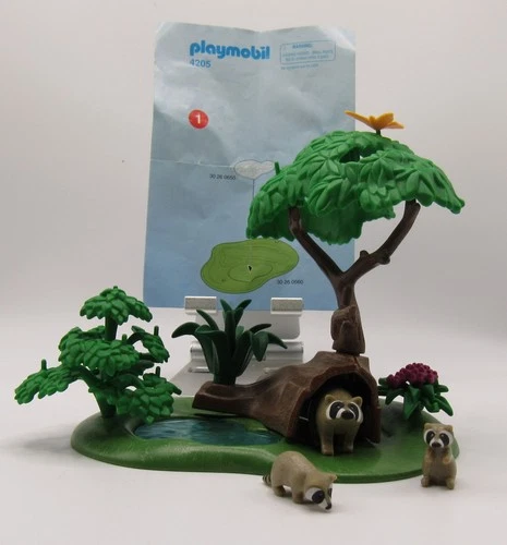 Rare Vtg Playmobil Forest Raccoon Family Home Hollow Log & Pond 4205- Raccoons