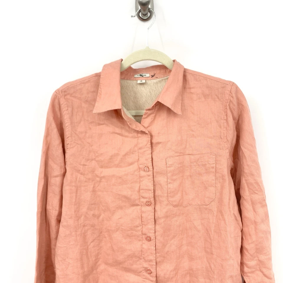 Camisa feminina LL Bean tamanho médio coral rosa botão para baixo forro superior linho - Imagem 2 de 4