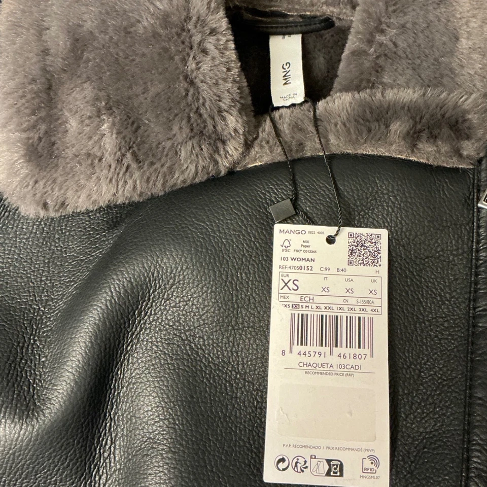 Chaqueta de cuero sintético negra Mango Woman XS para motociclista cuello de piel sintética Foto 3 de 4