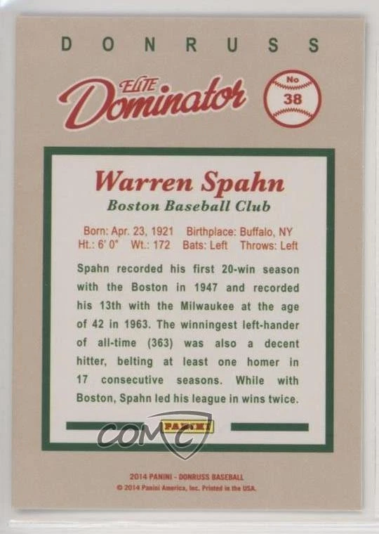 2014 Panini Hall of Fame Elite Dominator Warren Spahn #38 HOF - Image 2 of 2