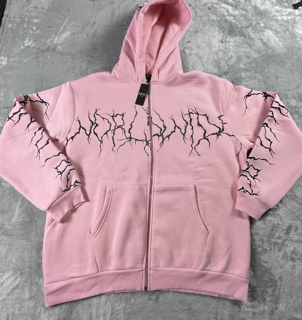 BoohooMan Mens Full Zip Hoodie SIZE LARGE Pink Graffiti Oversized New