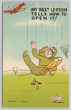 Vintage Linen Aviation Comic Postcard Parachute Jump WW2 Era MWM