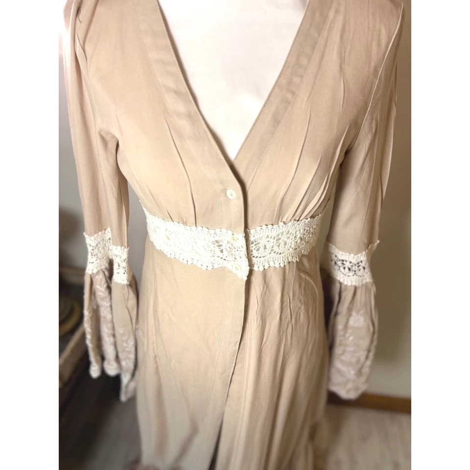 Venus Women's US 2 Boho Bell Sleeve Crochet Trim Maxi Cardigan Duster Sand Tan - Image 4 of 4