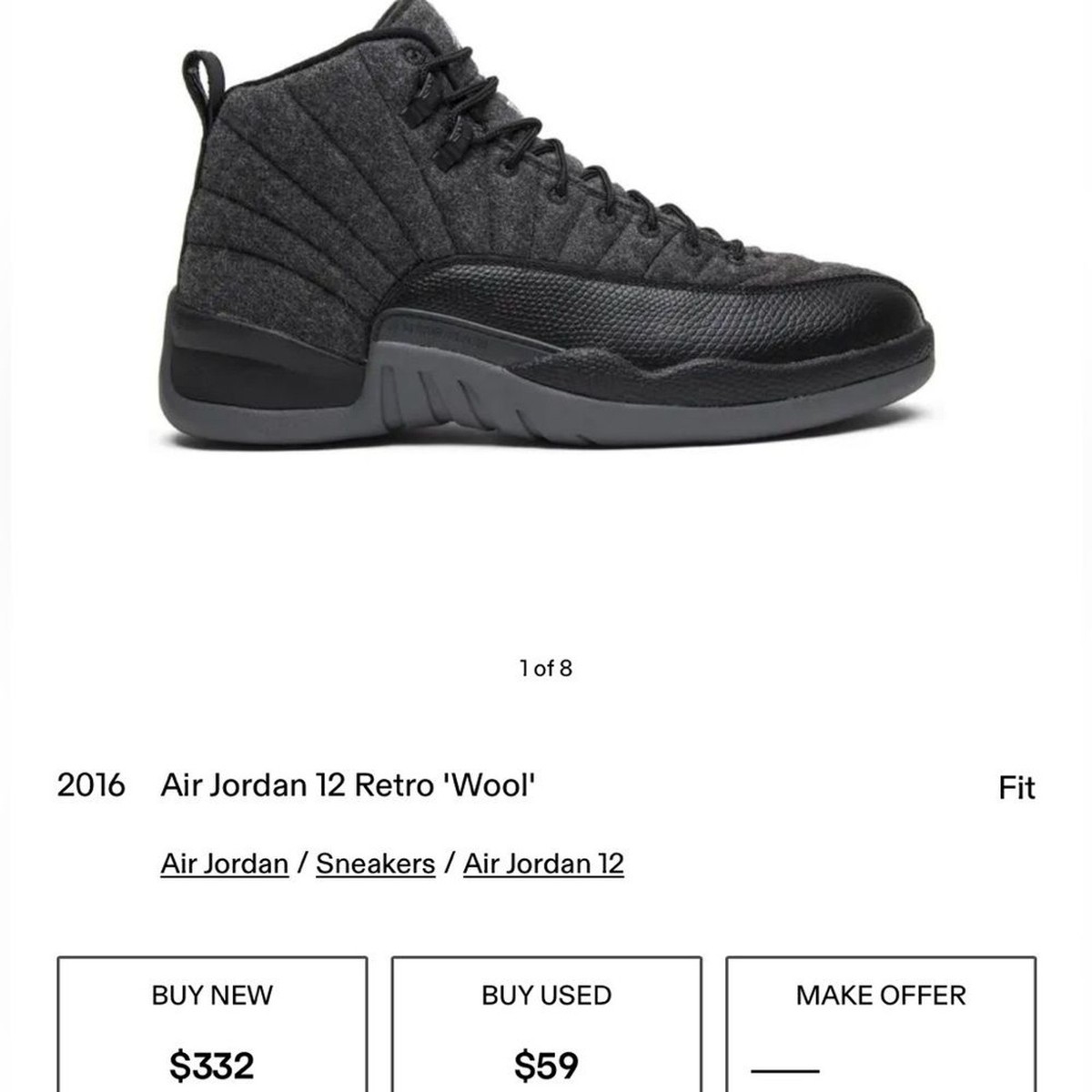 DeadStock Air Jordan 12 Retro 'Wool' Black & Gray Sneakers - 9.5M