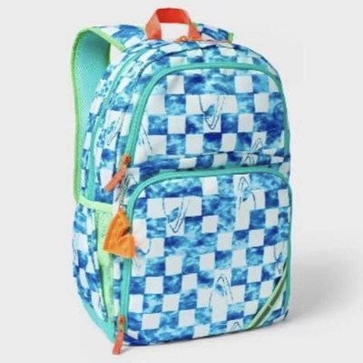 Cat & Jack Classic Backpack, Blue/White Checkered Shark, Bottle Pocket, Zip