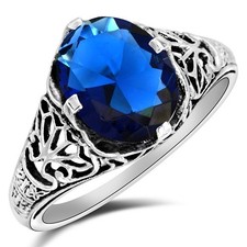 3CT Treated Blue Sapphire 925 Sterling Silver Art Deco Ring Sz 7 XB3-5
