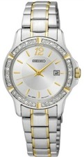 Seiko SUR718 Swarovski Crystal Silver Dial Two Tone Womens Watch.