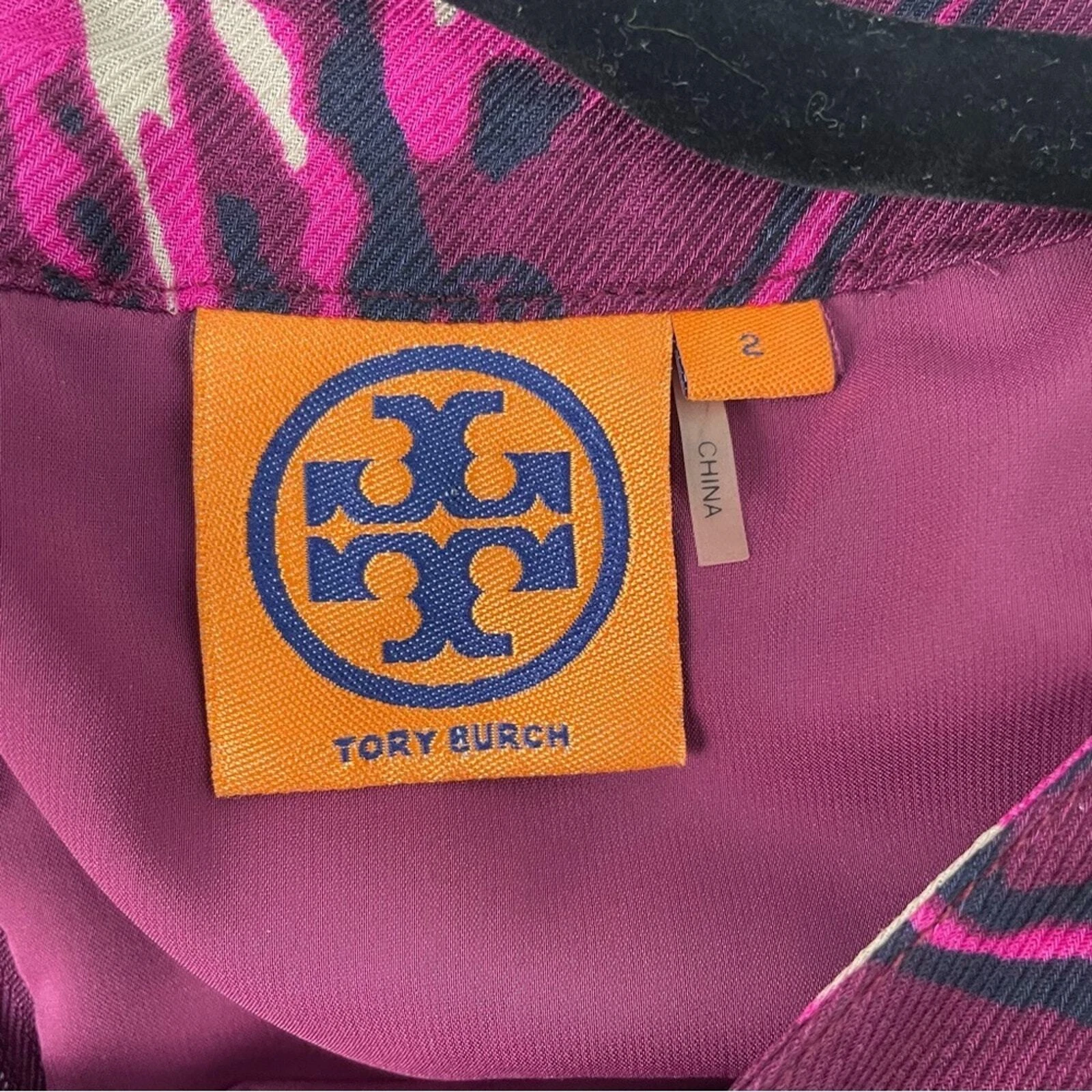 Mini abito da donna Tory Burch viola nero floreale collo puff manica lunga taglia 2