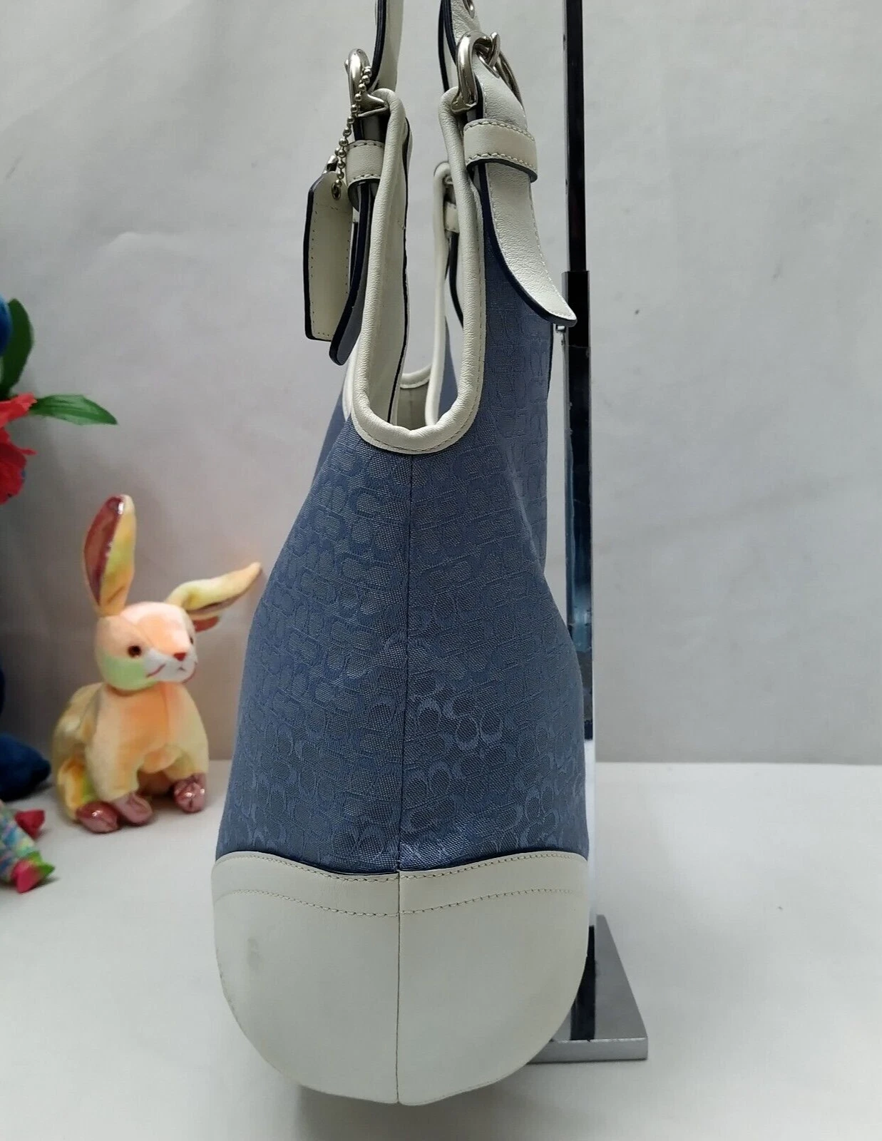 Borsa a tracolla Coach blu tela bianca bordo pelle doppio manico