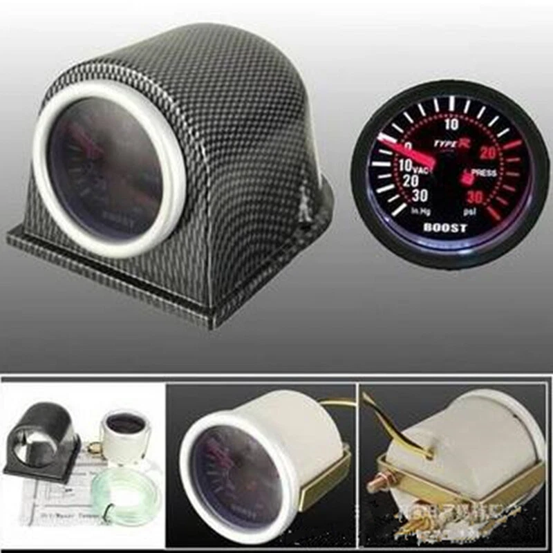 Car Turbo Boost Pressure Gauge Meter LED PSI Smoke Lens W/Carbon Fiber Look Pod - Image 3 of 4