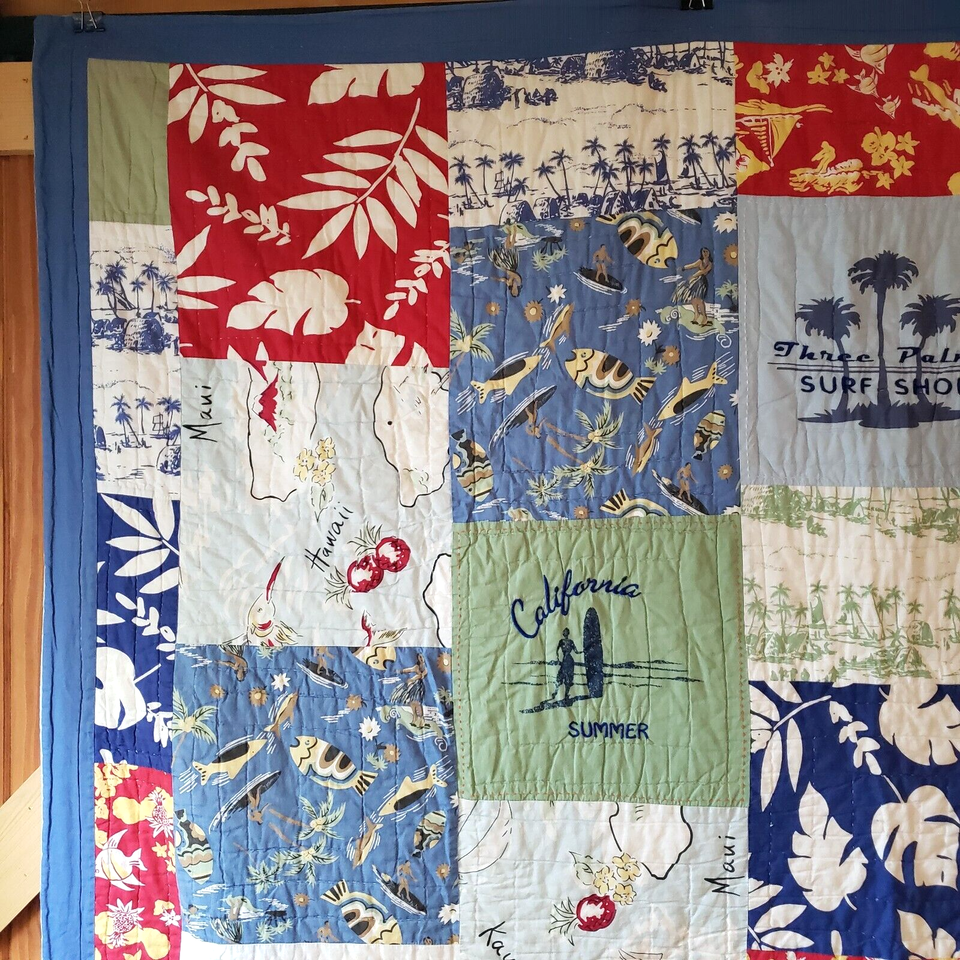 Pottery Barn Kids Quilt Island Surf Blue Twin Size Boys Surfer Beach