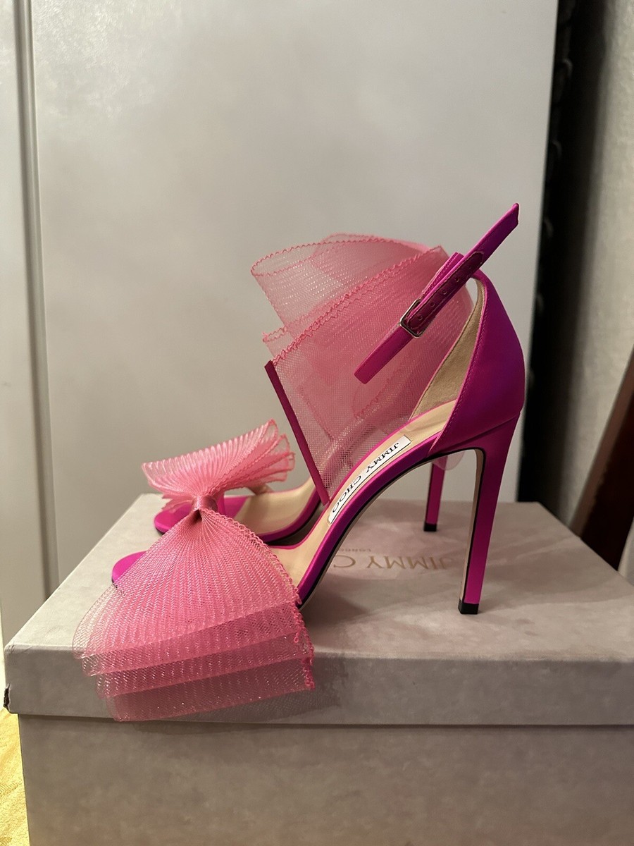 $975.00 New Jimmy Choo Aveline Pink Bow Sandal Size 38 IT/8