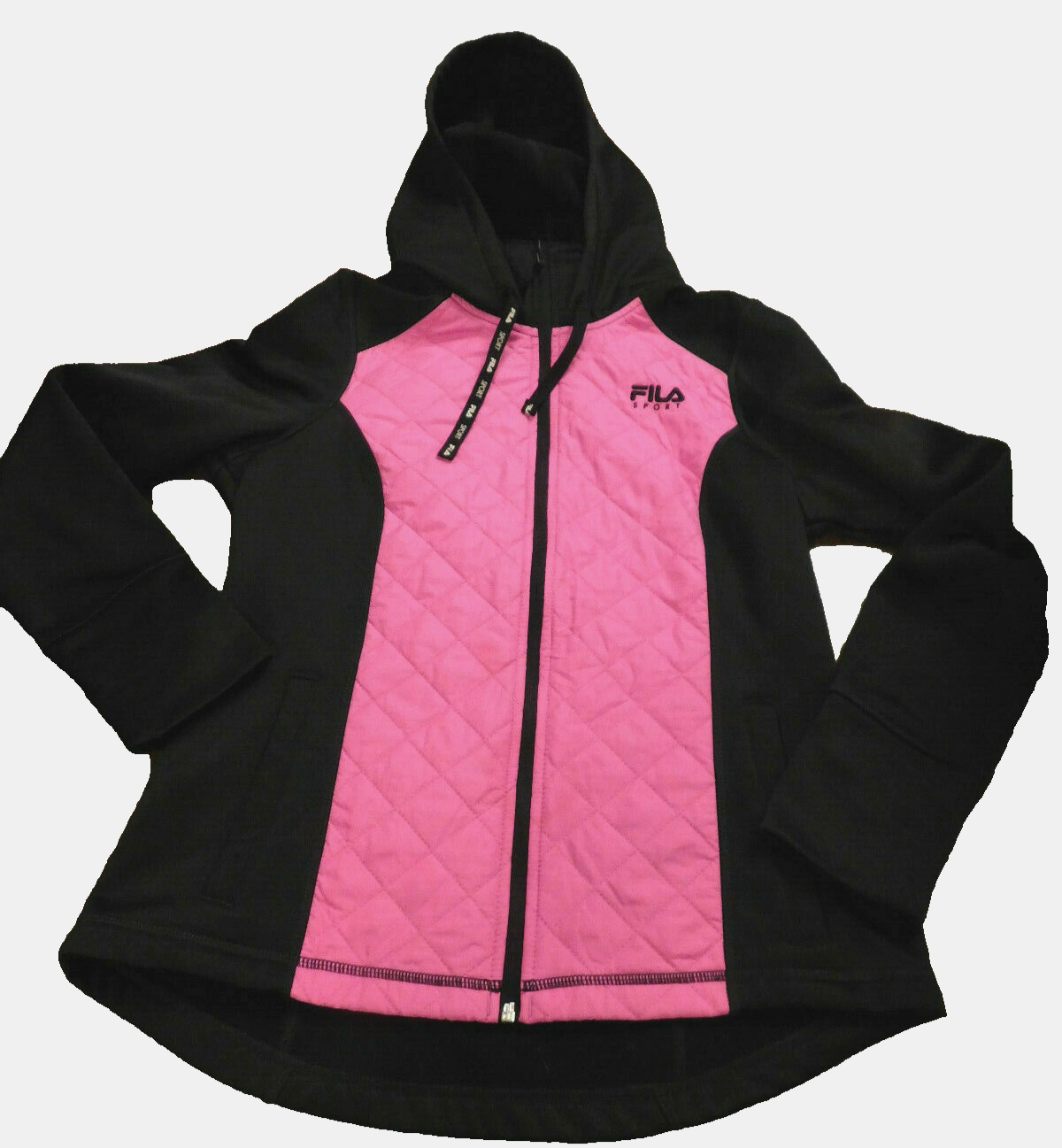 EUC Clean Black Quilted Hot Pink Fila Full Zip Hoodie Warm Soft Jacket sz Small
