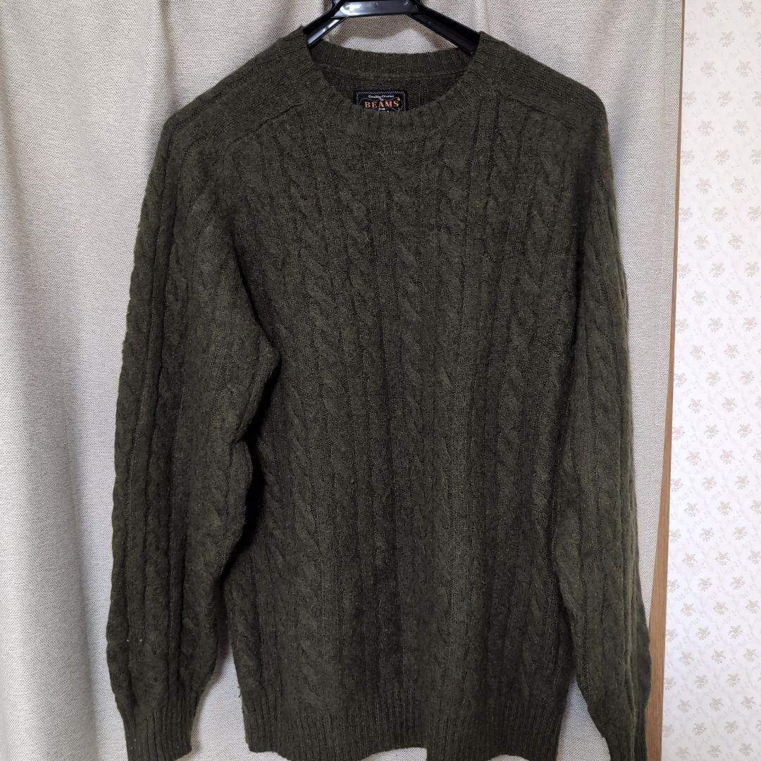 BEAMS PLUS Men's Shaggy Dog Cable Knit Sweater Olive Size XL USED