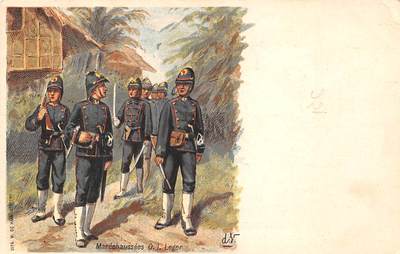 NETHERLANDS, SOLDIERS ON FOOT PATROL IN NATIVE VILLAGE, ARTIST IMAGE, c. 1902