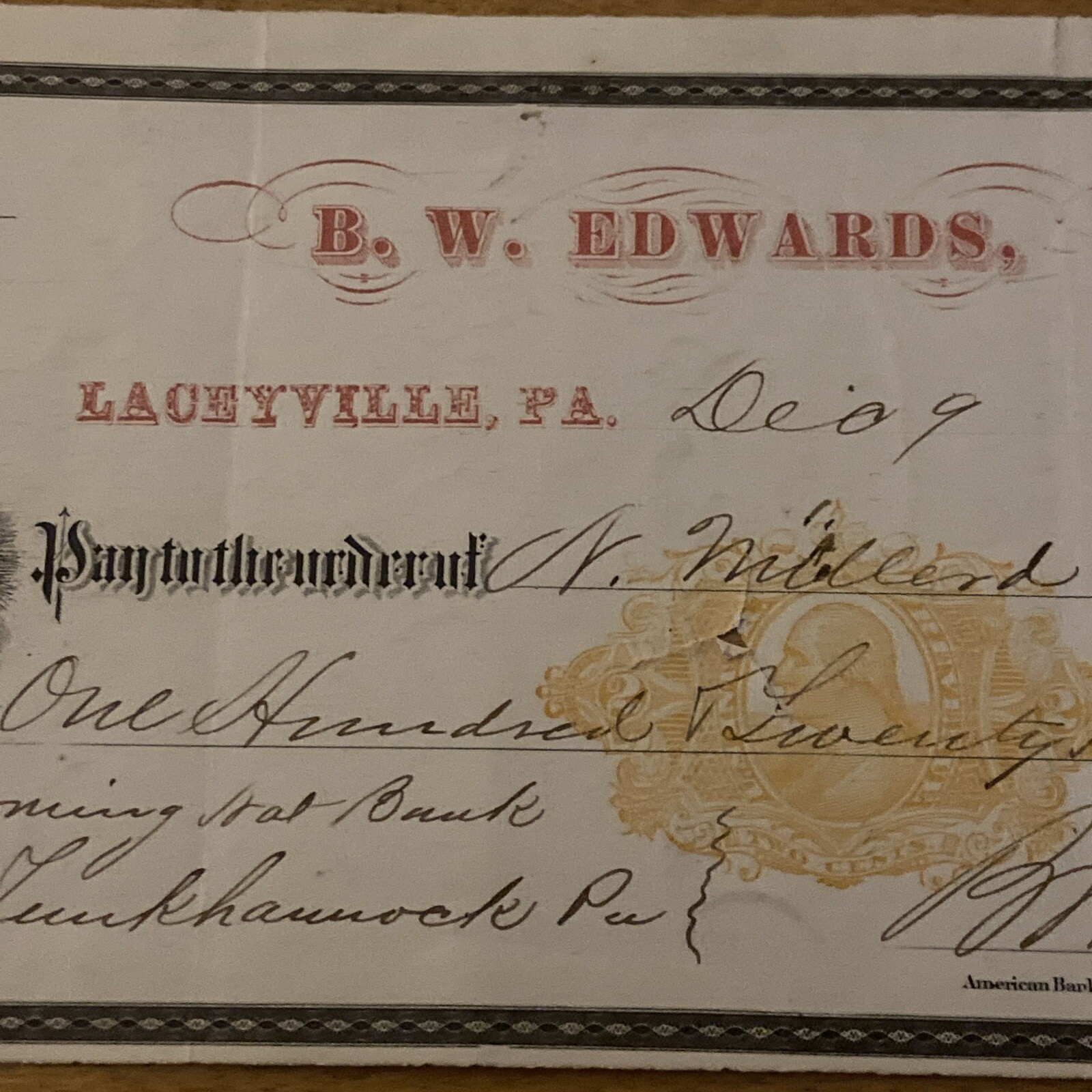 B.W. Edward’s Bank (Laceyville, PA) DEC 1876 (129.04 Check) eBay