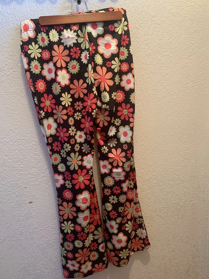 Pantalones Hippie Retro 1960S 1970S Negro Con Flores Campana Parte Inferior Foto 4 de 4