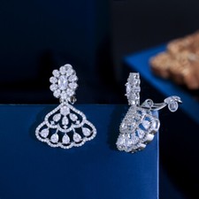 Without Piercing Ear Hole Clip On CZ Dangle Earrings Silver Plated Women Wedding