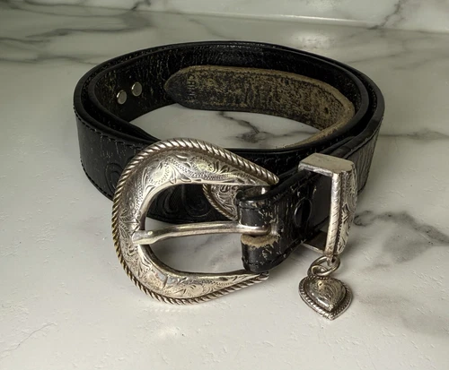 Vintage Resistol Belt Size Medium Silver Hearts Concho Black Full Grain Leather