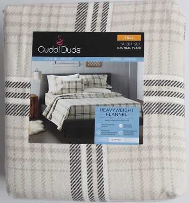 Cuddl Duds Full Size Sheet Set Heavyweight 100% Cotton Flannel Neutral Plaid