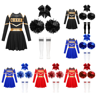 Kinder Cheer Leader Kostüm Zubehör Komplettes Set Schule Uniform Kleid Party