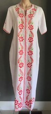 MAXI DRESS Vintage Kaftan Embroidery White Coral Red Green Zip Front 12 14 NEW
