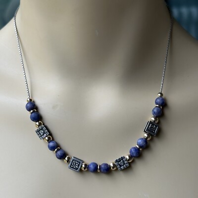 Vintage Artisan Beaded Necklace 18 Inch Blue Sodalite Gems Blocks 925 Sterling