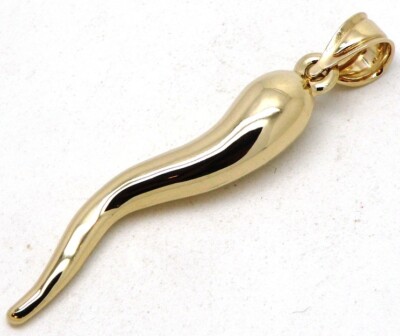 14k Yellow Gold Italian Horn Cornicello 44mm Long Charm Puffed Pendant