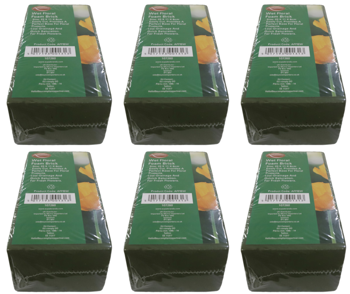 6x Ambassador Wet Floral Fresh Flower Plant Craft Foam Brick - 23cm x 11cm x 8cm