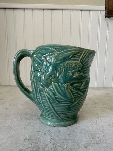 McCoy Pottery Ceramic Pitcher Creamer Bird Berries Green Teal Vintage Farmhouse