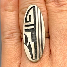 Vintage Hopi Lawrence Saufkie Prayer Feather Rain Sterling Silver Ring Size 8.25