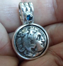 Alexander the Great Silver Drachm Sterling and Sapphire Pendant