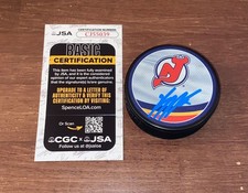 Jesper Bratt Signed Autographed Reverse Hockey Puck New Jersey Devils JSA