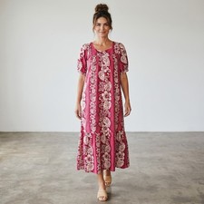 Tropical Eve Hawaii Muu Muu Kaftan Maxi Dress Burgundy/Pink Floral Size XL VTG