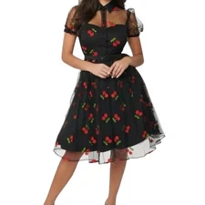 Unique Vintage Collared Sheer Embroidered Black Red Cherry Dress size L 10 12