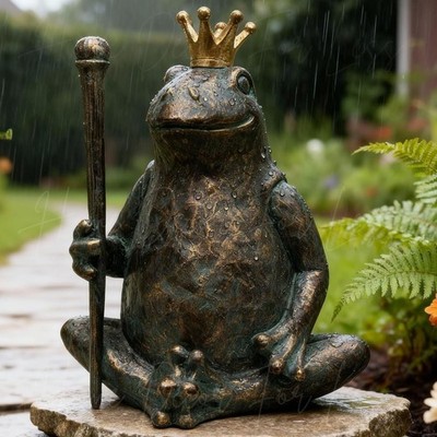 Whimsical Frog Prince Garden Statue Patina Style Frog Figurine Yard Home Decor