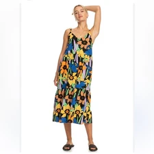 Roxy Waiting Line Bold Colors Floral Boho Surfer Style Minimalist Midi Dress