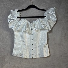 Vintage Style White Brocade Corset Top Ruffle Off Shoulder Renaissance Medium M