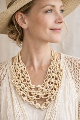 Boho Multi Strand Wood Bead Necklace Natural Cream Statement Layered Lightweight