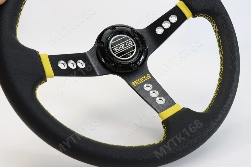 SPARCO LEATHER DEEP DISH STEERING WHEEL 14"INCH UNIVERSAL CAR Yellow COLOUR - Image 4 of 4