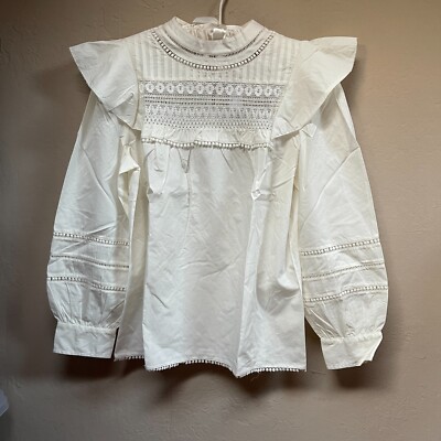New J.Crew Women Crocheted Lace Ruffle Top Long Sleeve Medium Ivory Cotton AK764