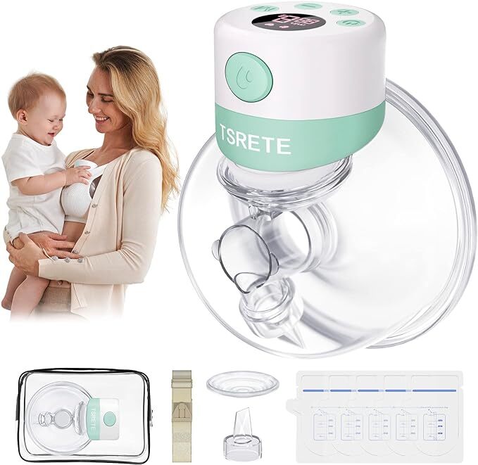 TSRETE Breast Pump Electric Wearable Hands Free Breast Pump - White/Green-image