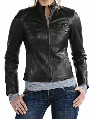 Women's Stylish Black Biker Motorcycle Genuine Leather Jacket Soft Lambskin Coat