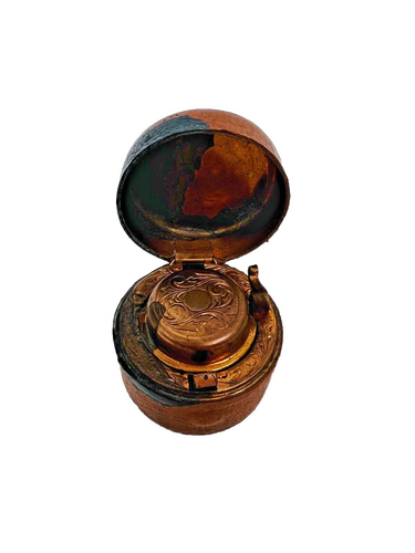 Travelling Leather Cased Inkwell In Copper Early 20th Collectable Antique (21) - Picture 2 of 7